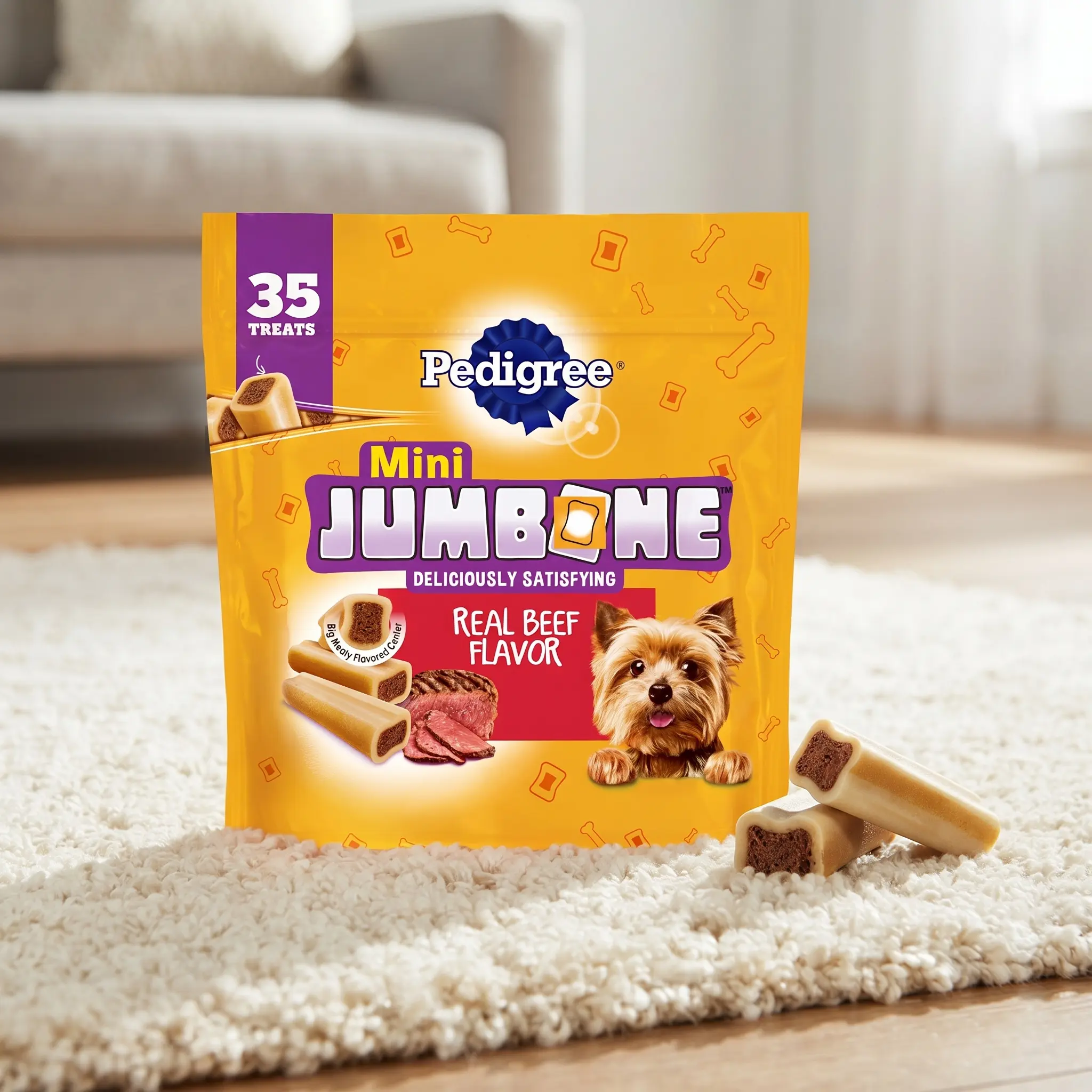 Pedigree Mini Jumbone Dog Treats for Small Dogs, Beef Flavor Chewy Bone Snacks with Crunchy Shell, Long-Lasting Training & Reward Treats, 35 Count