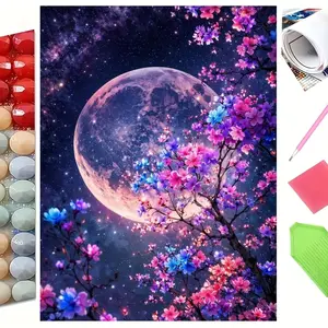 Enchanted Moonlit Blossom Tree with Galaxy Sky 5D Full Drill Diamond Painting Kit Dreamy Design with Shimmering Pink Purple and Blue Accents Celestial Nature Art Style DIY Wall Decor Ideal Gift For Nature & Space Enthusiasts