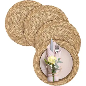 4 Pack Round Woven Placemats Natural Hand-Woven Boho Rattan Wicker Bulrush Placemat Farmhouse Rustic Braided Table Mats for Dining & Kitchen Decor