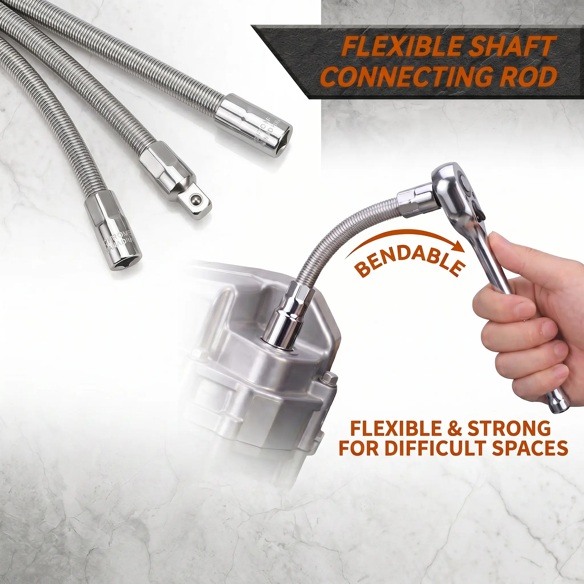 3 Pcs Flexible Socket Extension Bar Set,6/8/10 Inch Bendable Spring Steel Extension Rod    Drive Multi Drive 1/2" 1/4" 3/8"   With Anti-Slip Detent Balls For Auto Mechanics Diy Handymen Garage Car Tight Space Repair Wrench Tool-YY0