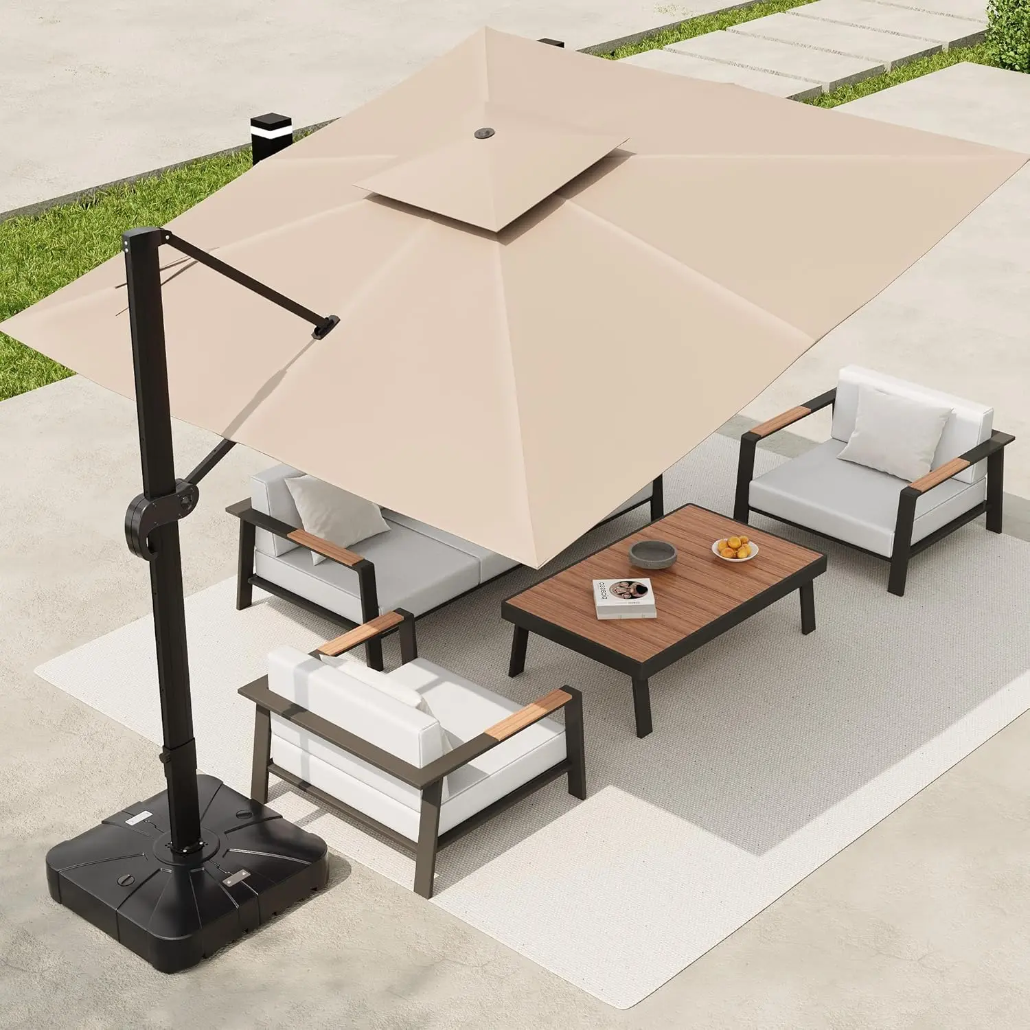 Large 10x10FT Square Outdoor Umbrella, Double-Tier Vented Canopy, Cantilever Patio Umbrella with 360° Rotation & Adjustable Height, Heavy Duty Aluminum Frame, Durable Waterproof Oxford Fabric, for Outdoor Patio Garden Poolside, Multicolor (No Base)