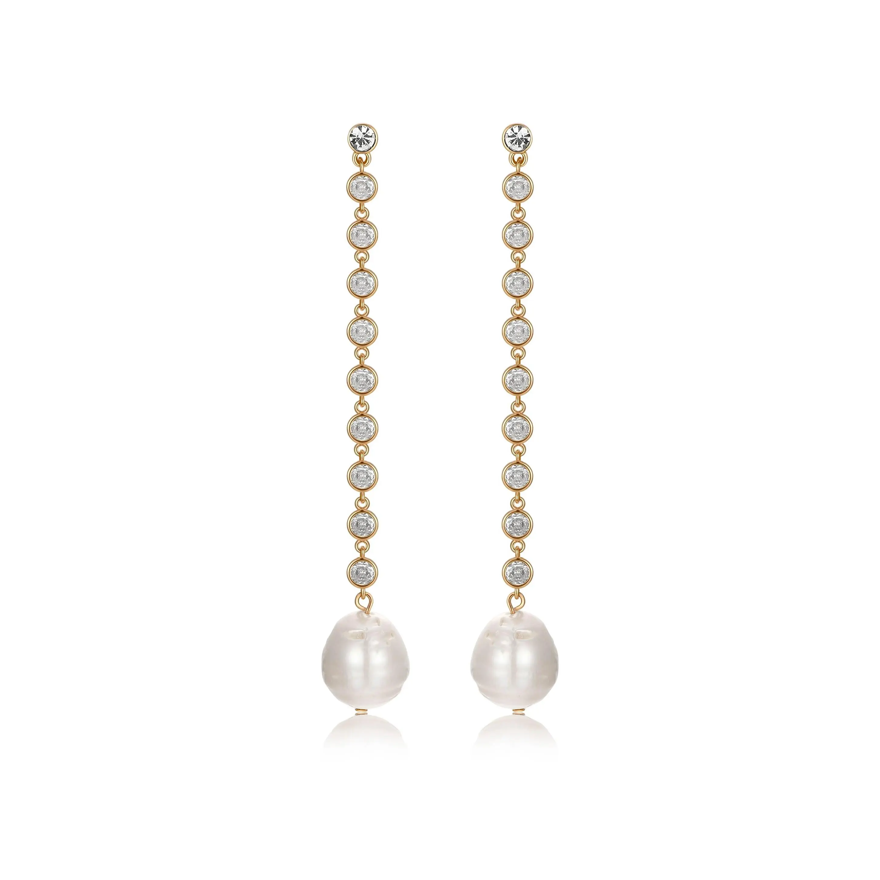 Ettika Crystal Chain Pearl Drop Earrings – 18K Gold Plated, Freshwater Pearl & CZ Dangle Earrings for Women, 3.75" Statement Jewelry