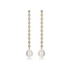 Ettika Crystal Chain Pearl Drop Earrings – 18K Gold Plated, Freshwater Pearl & CZ Dangle Earrings for Women, 3.75" Statement Jewelry