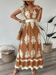 Women's V Neck Long Dress, Summer Fashion Print Design, Slim-Fitting Women's Clothing, Perfect for Casual Wear & Daily