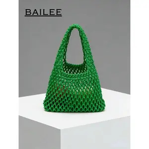 BAILEE Women's Green Crochet Mesh Tote Bag Bohemian Diamond-Patterned Hollow Out Polyester Handbag Lightweight Foldable Mini Beach Bag for Vacation Summer Daily Use