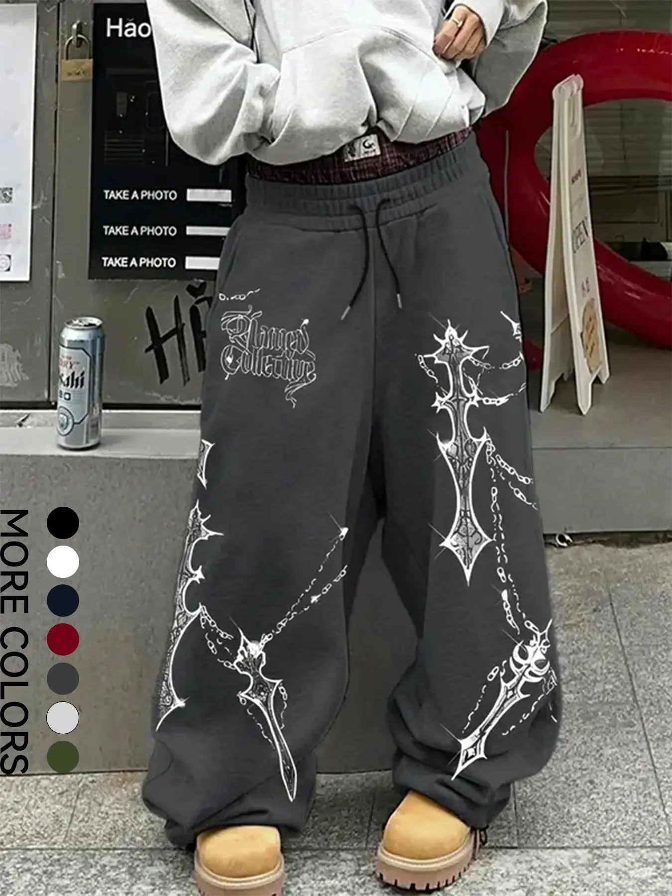 Red Baggy Y2K Sweatpants with Gothic Cross Print - Oversized