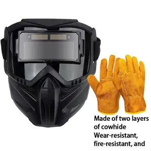 2 PCS cowhide leather welded head cover helmet with gloves, protective equipment, work cap with neck and shoulder drooping, dust-proof, breathable (yellow), with automatic dimming filter, yellow full-face helmet and neck-shoulder protection