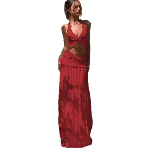 Women's Elegance Plain 2-Piece Set - Spring/Summer European & American Style Sleeveless Sexy Pleated Halter Tank Top & Ruffled Long Skirt, Warm Weather Statement Outfit (Sets for Women 2 Piece)