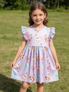 Summer New Girl's Dress, Small Sleeve Animal Print Cute Round Neck Pullover Comfortable A-Line Skirt, Ages 1-8 Years