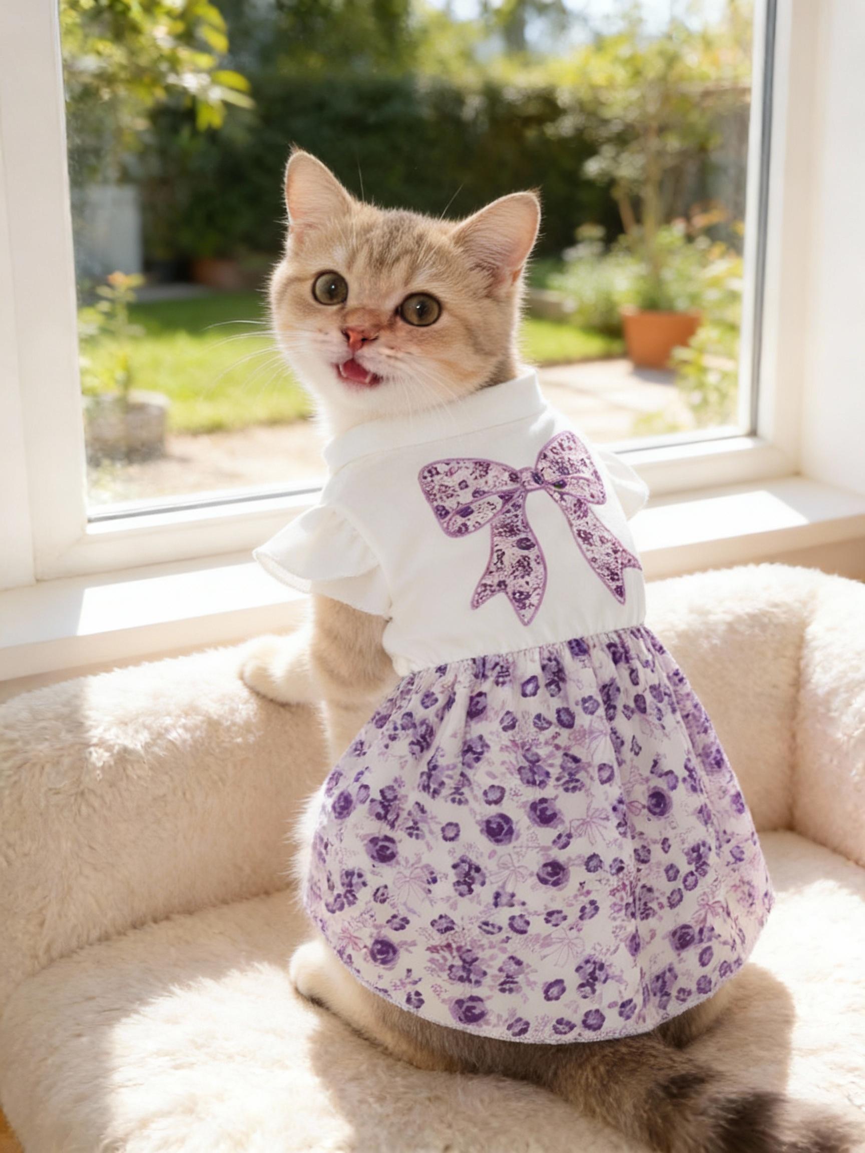 Pet Clothes Dog Cat Dress Bow Purple Flying Sleeve Yorkshire Terrier Maltese Teddy Bichon Bear Pomeranian Bulldog For Daily Use A169