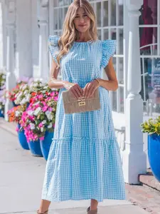 Women's Sky Blue Gingham Plaid Ruffle Sleeve Tiered Midi Dress Casual Summer Beach Vacation Bow Knot Flowy Sundress