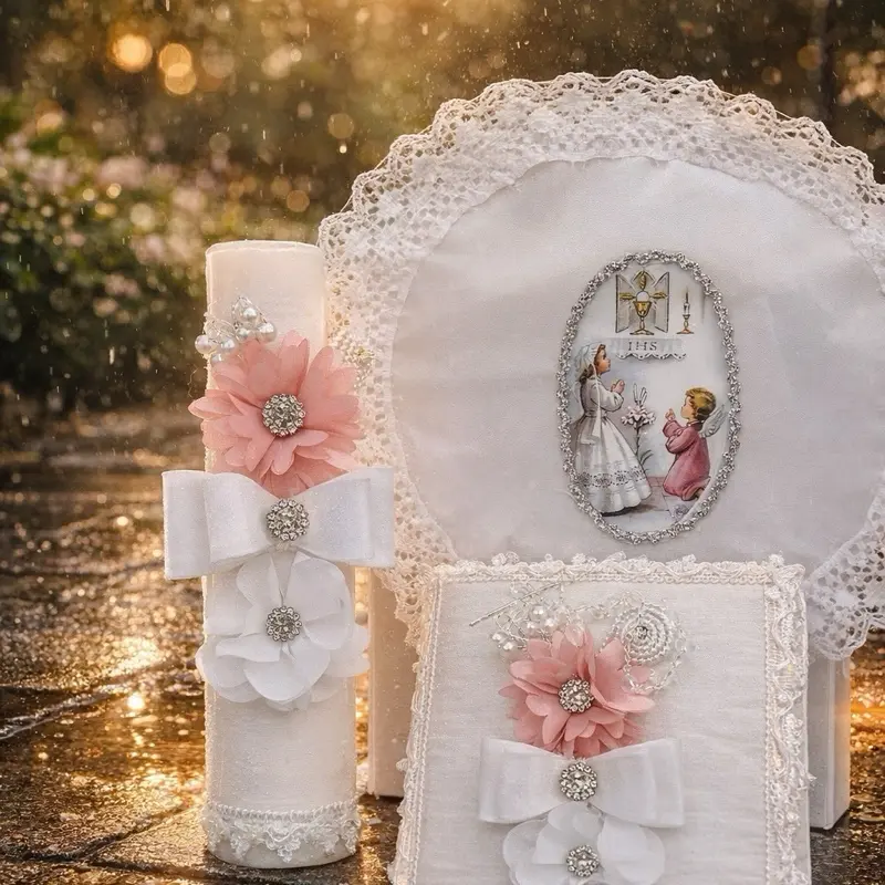 Traditional Religious First Communion Child Ceremony Gift Candle Set - 8in Candle, Rosary, New Testament, Decorative Elements, Festive Home Supplies, Enhances Spiritual Atmosphere