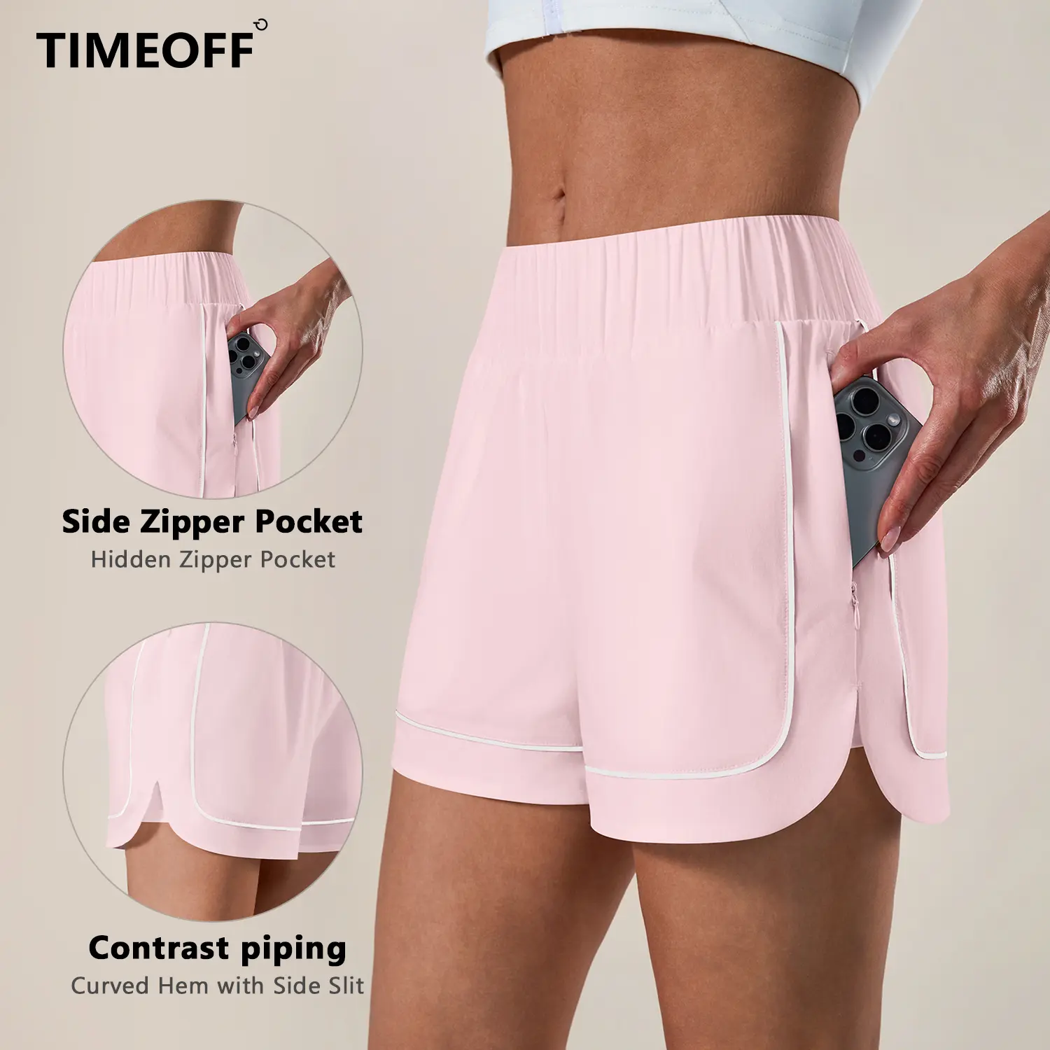 TIMEOFF Women's High Waisted Athletic Shorts - Quick Drying Lightweight Active Shorts with Zip Pockets, Anti-Chafing for Running & Workouts, Athletic Sports Shorts