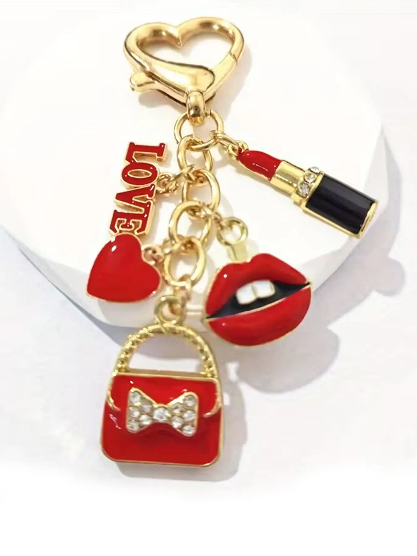 1pc Red Lipstick Chic Keychain for Women Stylish Fashion Purse Charm with Love Heart Lips & Bag Key Ring Rhinestone Letter Pendant and Love Pendant,Mother's Day gifts, Valentine's Day gifts, Bag Charms, Keychain for Bags, Bling Bling Keychains, Keyring