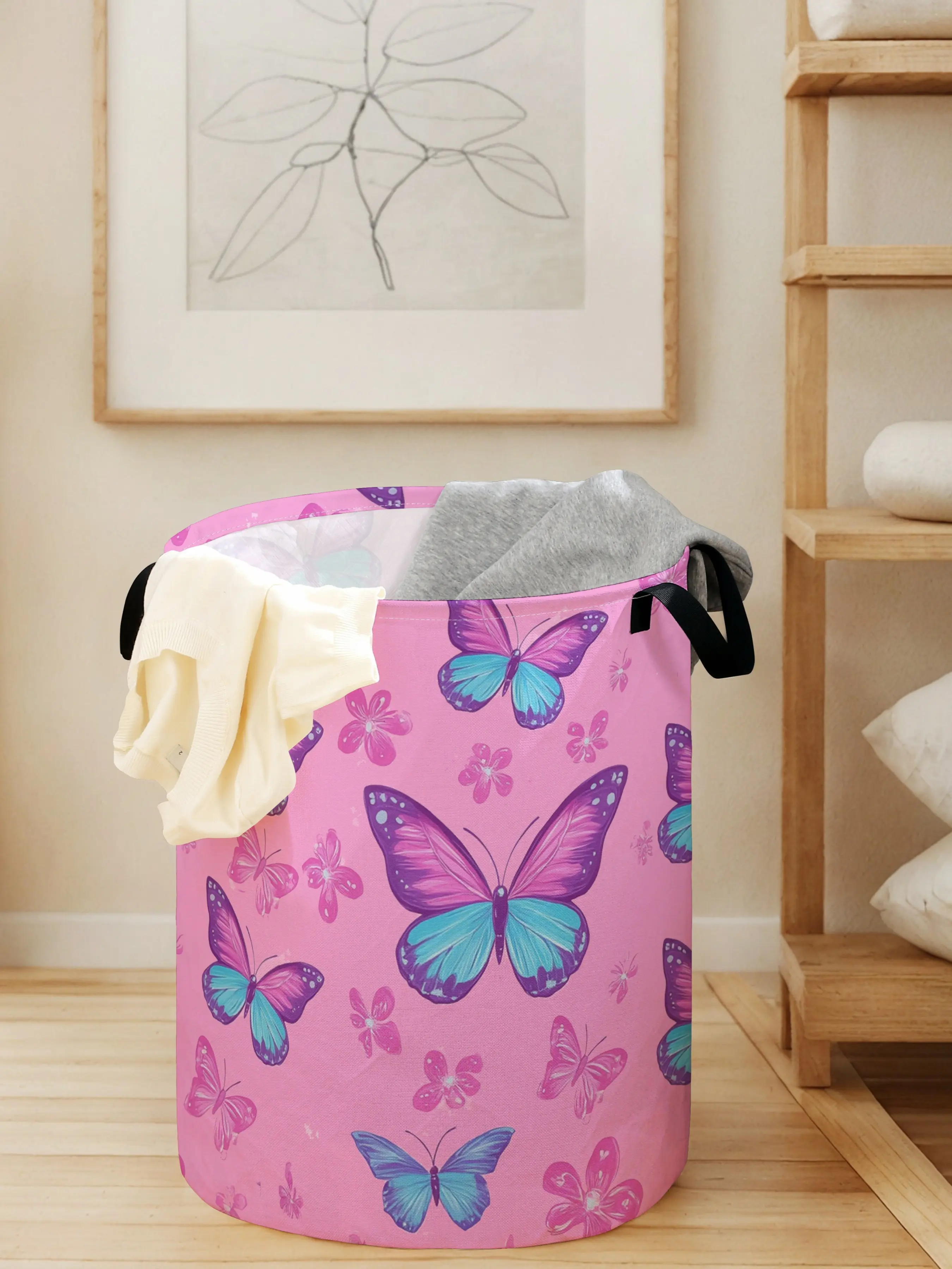 Large Capacity Butterfly Print Laundry Basket with Handles, Durable Foldable Storage Bin for Toys and Clothes, All Seasons Use