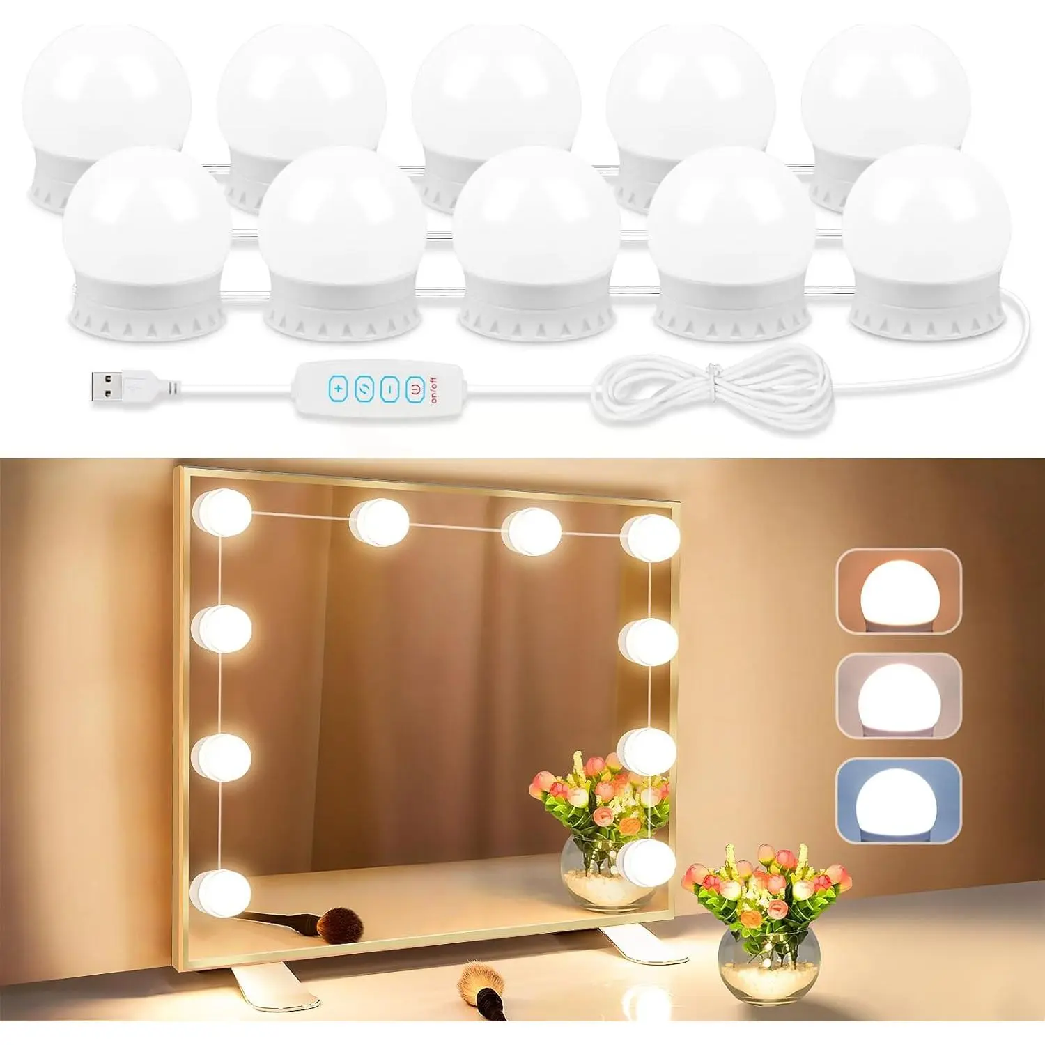 LED Vanity Stick-on Mirror Lights with 10 Dimmable Bulbs, 3 Color Temperatures 10 Brightness Levels Adjustable, USB Cable Hollywood Lights for Makeup Dressing Room Bathroom