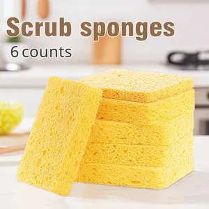 6 Counts Cleaning Scrub Sponge, Natural Wood Pulp Sponge, Non-Scratch Compressed Cellulose Sponges for Kitchen Bathroom Cars, Yellow and more
