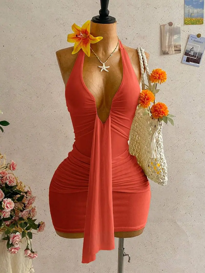 Melina Ruched Bodycon Dress in Orange