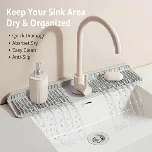 [TikTokShopBlackFriday] Quick Absorbing, Fast Dry & Anti-Slip | Kitchen Sink Faucet Mat – Silicone Folding Splash Guard with Button Lock, Drainable Sink Protector & Accessory for Countertop, RV & Laundry Room 45Cm*Grey