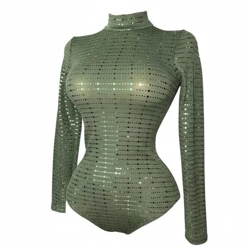 Body Glitter Long Sleeve Mock Neck Top for Women - Casual Slim Fit Bodycon Design