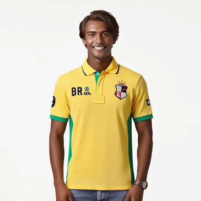 Brazil Official Men's Polo Shirt - Yellow Green Trim Short-Sleeved Football Jersey for Fans BR Brazil Logo Sporty & Elegant Design
