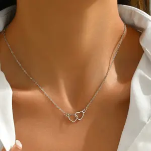 Elegant Double Ring Heart Pendant Necklace – Silver, Simple Style for Gifts & Daily Outfits