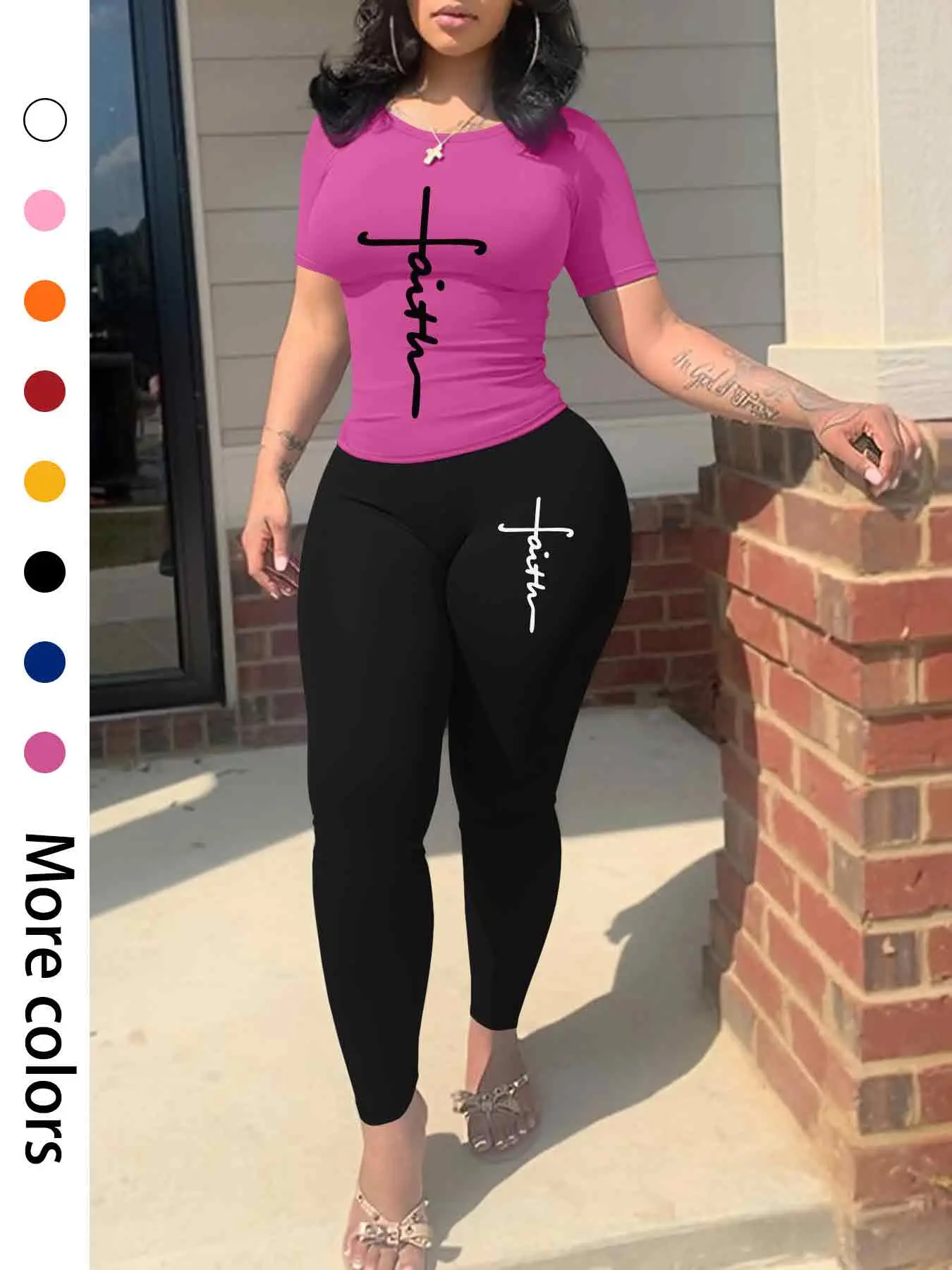 Two-Piece Set Women's Letter Print Short Sleeve Tee & Skinny Pants, Casual Round Neck T-shirt & Elastic Waist Leggings, Ladies Spring & Fall Clothes