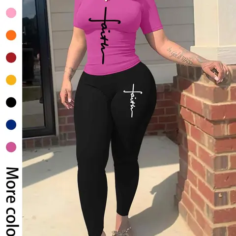 Two-Piece Set Women's Letter Print Short Sleeve Fitted Tee & Skinny Pants, Casual Round Neck T-shirt & Elastic Waist Leggings, Ladies Spring & Fall Clothes, Stretchy Outfit Sets