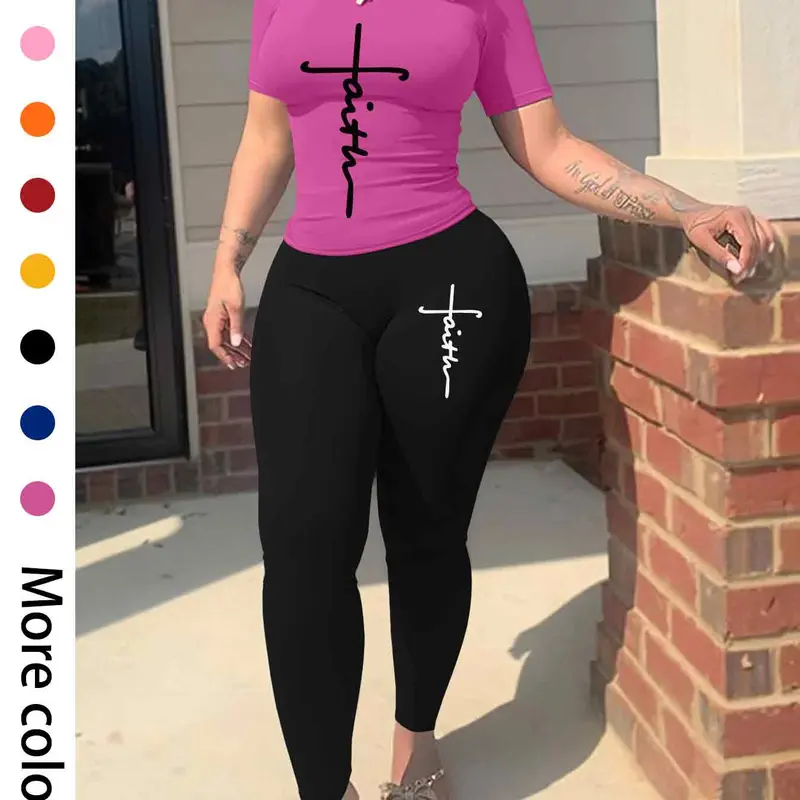 Two-Piece Set Women's Letter Print Short Sleeve Fitted Tee & Skinny Pants, Casual Round Neck T-shirt & Elastic Waist Leggings, Ladies Spring & Fall Clothes, Stretchy Outfit Sets