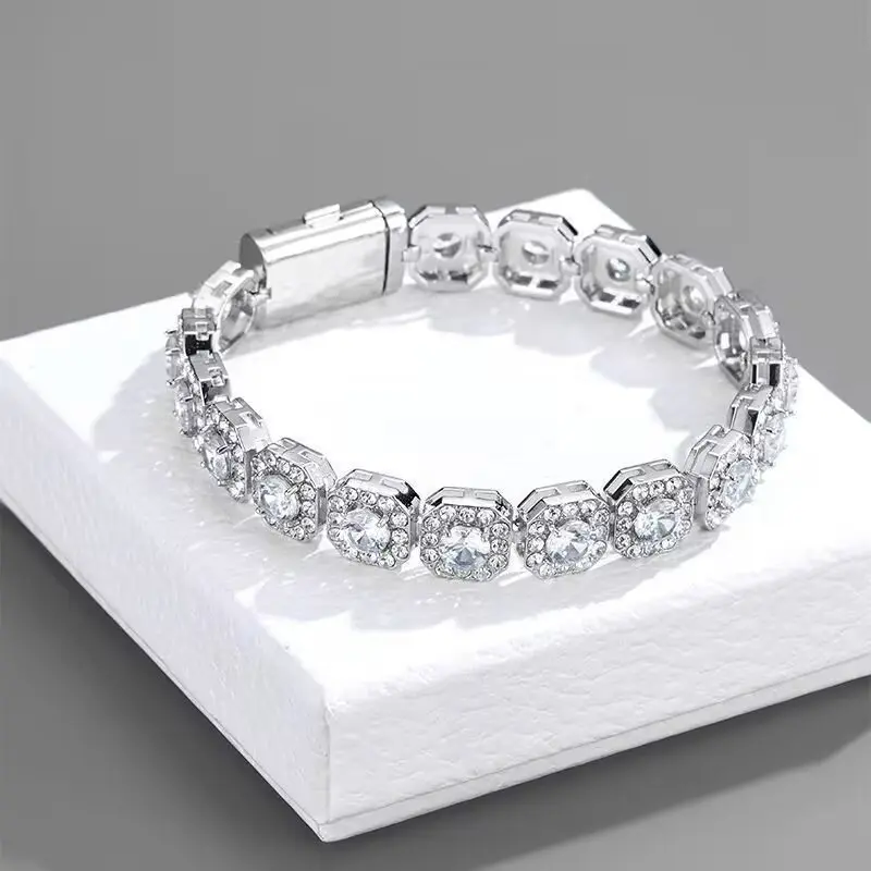 Men's Cuban Chain Bracelet - Square Ice Crystal Full Cubic Zirconia Hip-Hop Bangle, European & American Exquisite Trendy Fashionable Crystals Bracelet for Men's Costume Jewelry, Crystals Bracelets, Cubic Zirconia Bracelet