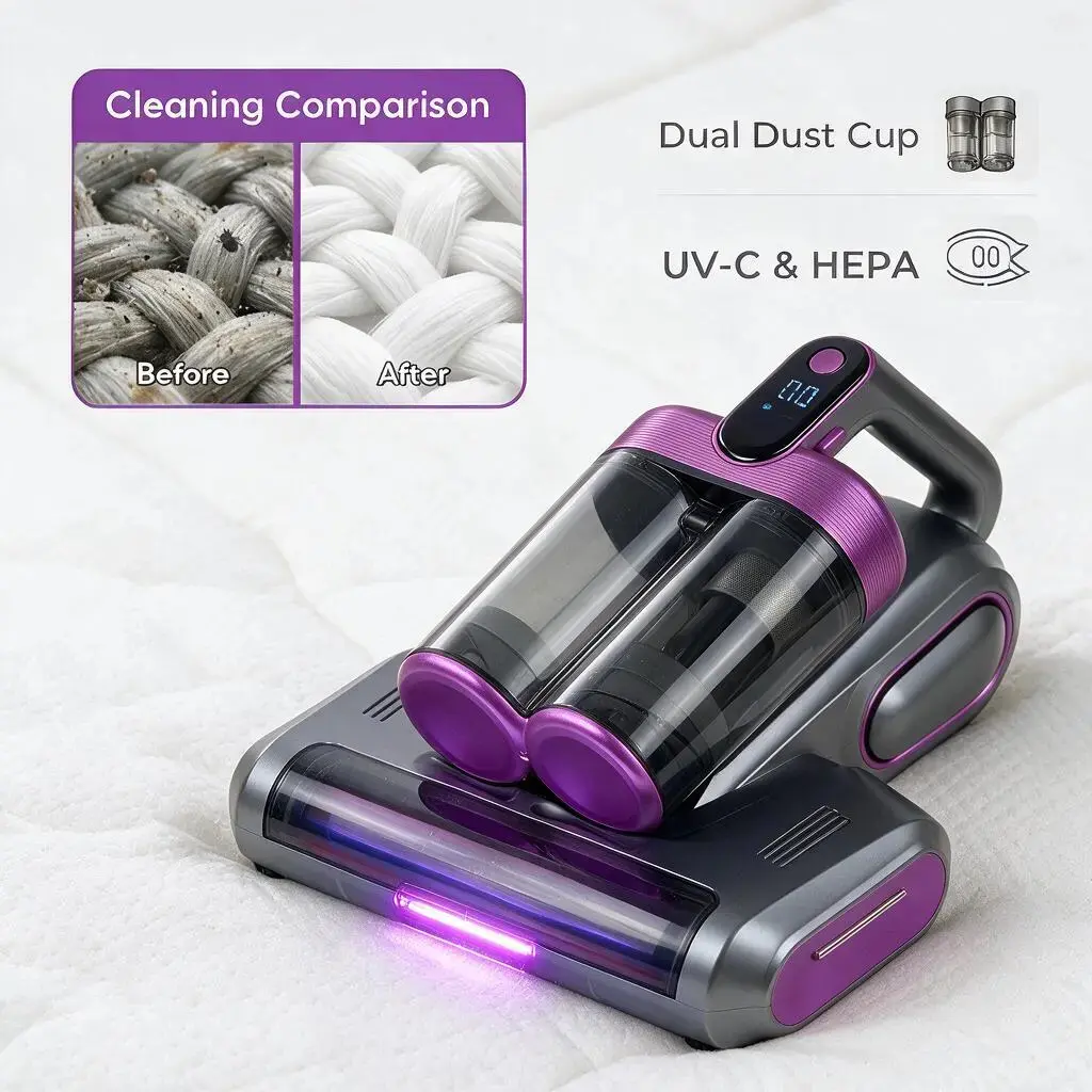 Cordless Handheld Vacuum Cleaner, 13kPa High-Suction Wet-Dry Vacuum with Dual-Cup Anti-Mite Design, 253.7nm UV Light, 80000rpm Ultrasonic Tech, 4-in-1 Multi-Functional for Home, Car, Pet Hair Cleaning (Mattress-Focused)