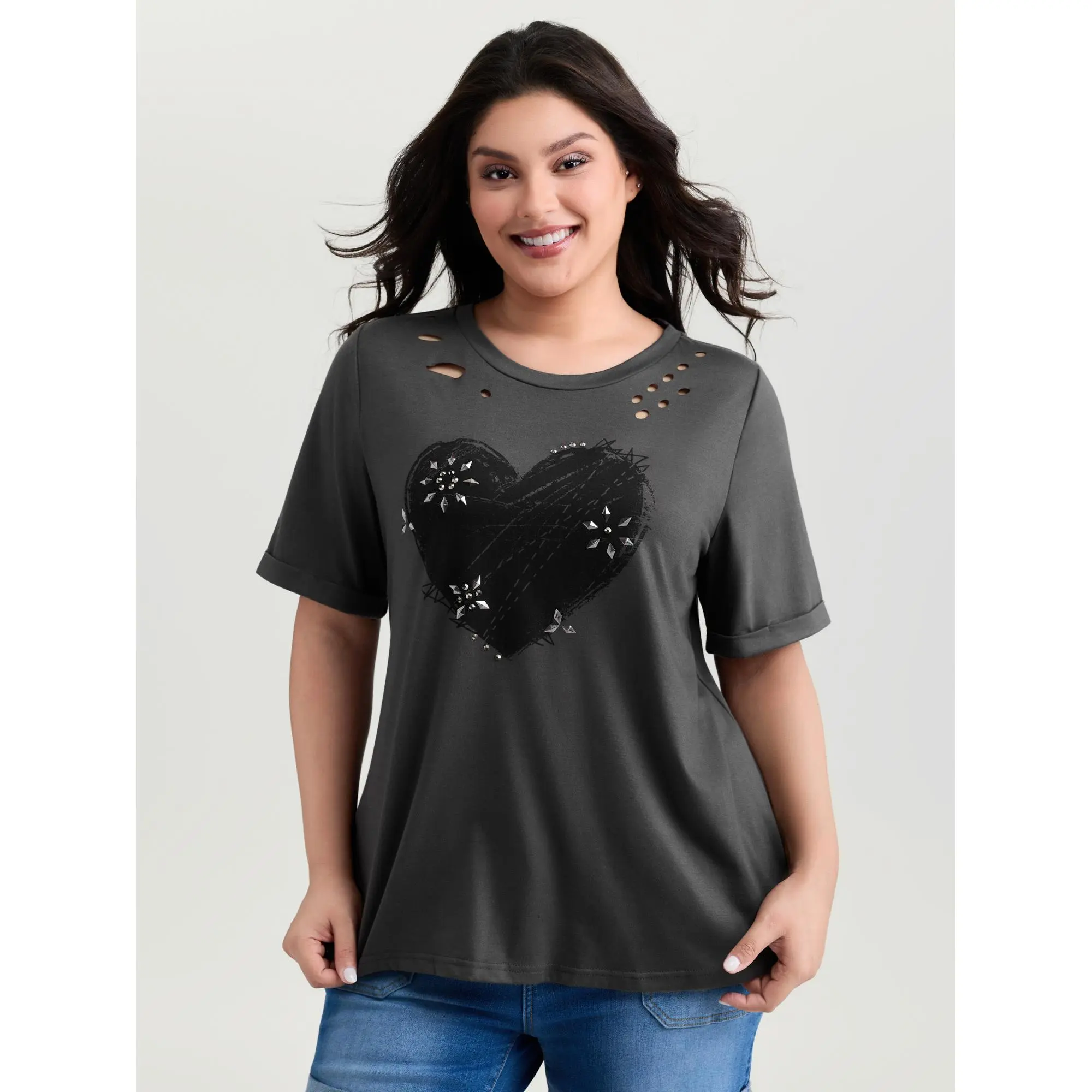 BLOOMCHIC Women's Plus Size Shortsleeve Spandex T-Shirt - Supersoft Hot Fix Rhinestone Casual Clothes, Flattering Fit Grey Fabric, M-6X Sizes, 2026 Summer Vibes,Summerfinds