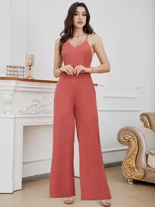 Women's Plain Backless Lace Up Wide Leg Cami Fitted Jumpsuit, Summer Clothes Women, Elegant Spaghetti Strap Jumpsuit for Party Vacation, Ladies Summer Clothes, Elegance Chic Fit Womenswear