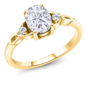 Gem Stone King 18K Yellow Gold Plated Silver Gemstone Birthstone and Lab Grown Diamond 3-Stone Ring for Women | Oval 8X6MM and Round 2MM | Three Stone Wedding Anniversary Engagement Promise Ring | Sizes 5-9