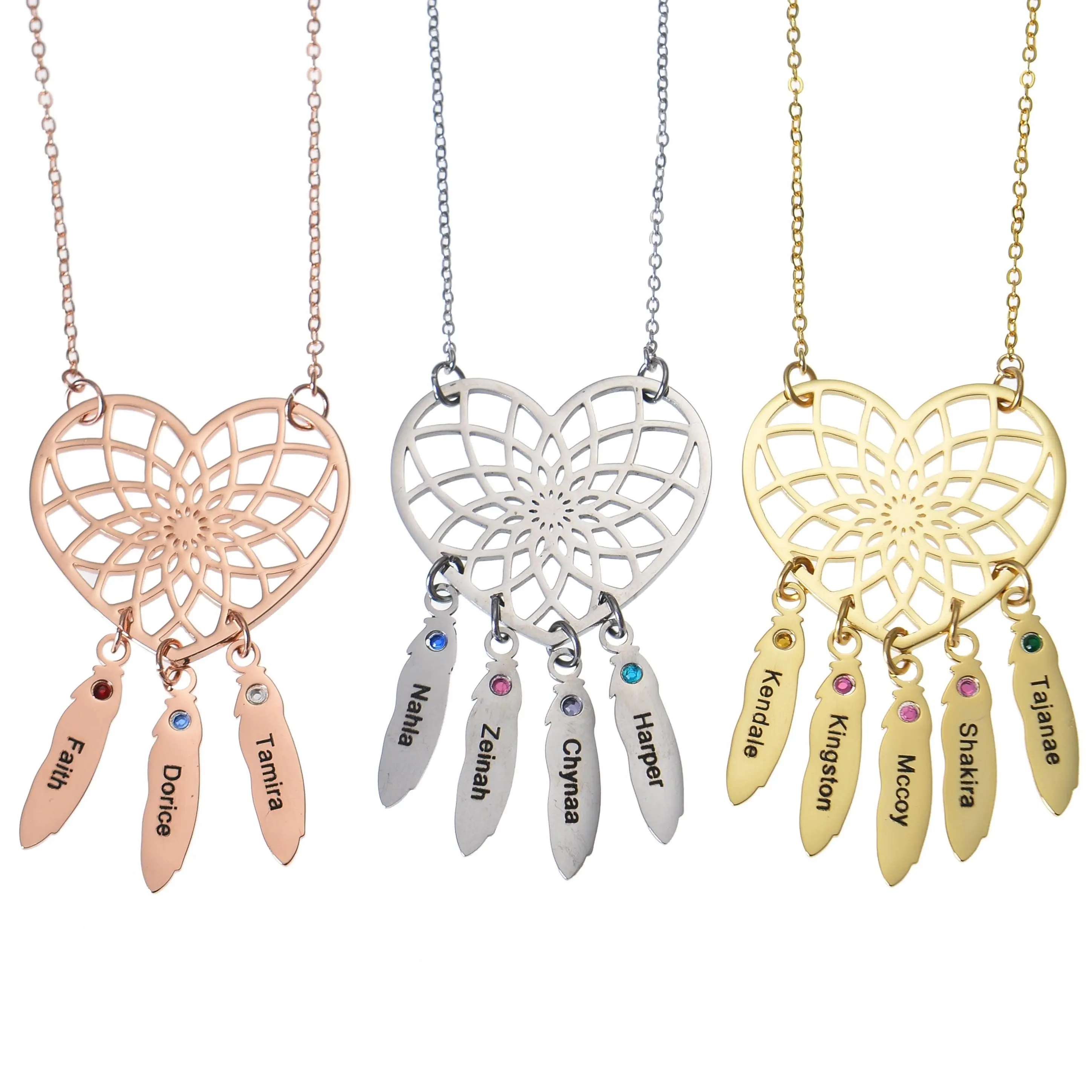 Personalized Heart Dream Catcher Multiple Name Necklace with Birthstone
