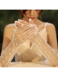 Wedding Gloves Bridal Wedding Dress Long Fingerless Pearl Tulle White