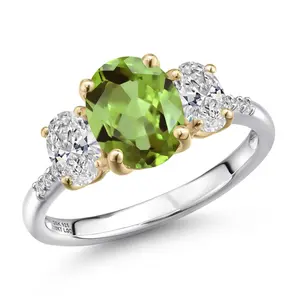 Gem Stone King 925 Silver and 10K Yellow Gold Green Peridot and DEF Lab Grown Diamond Engagement Ring For Women | 3.16 Cttw | Oval 9X7MM | August Birthstone