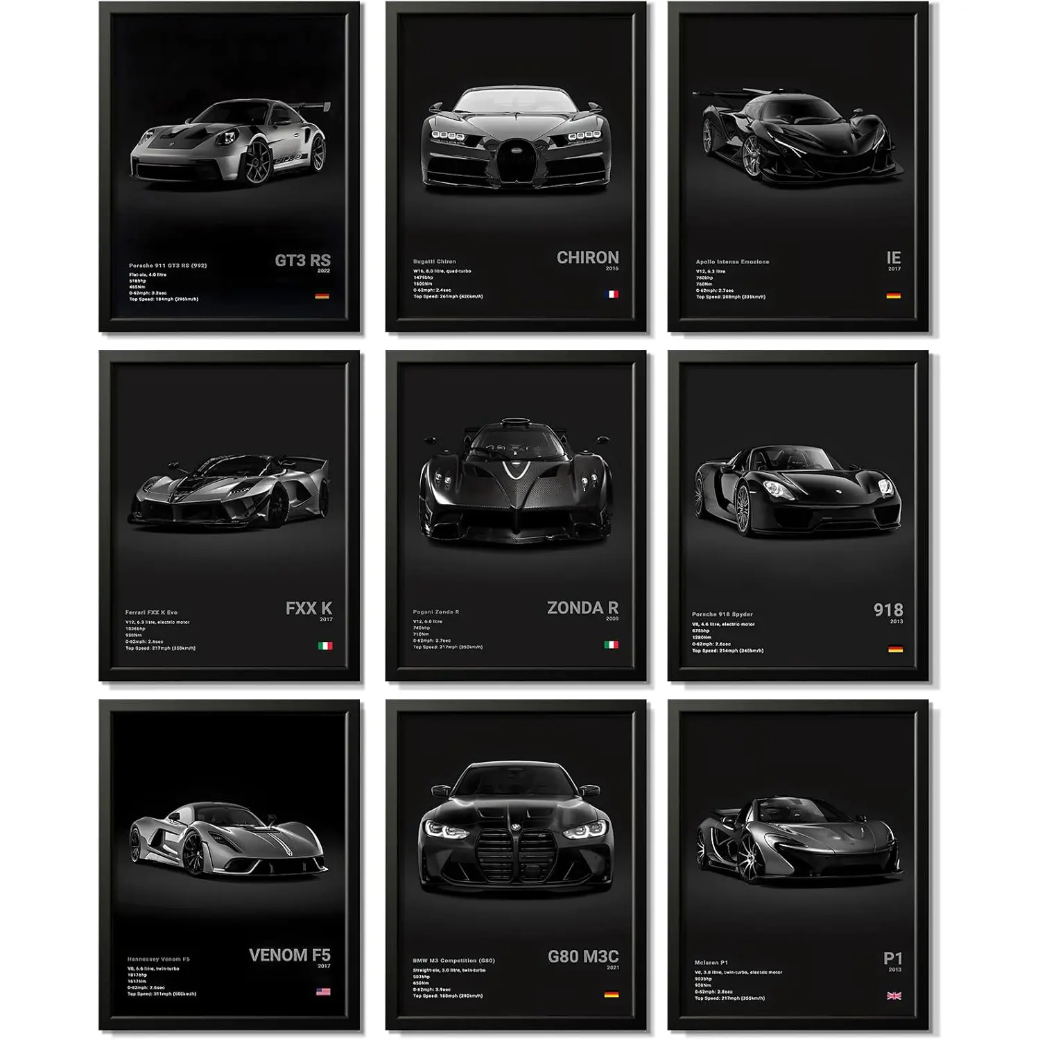Car Poster Vintage Racing Car Wall Art Supercar Canvas Prints Painting For Men Room Pictures Guys Dorm Room Aesthetics Decor Bedroom Office (Unframed,8×12inch,9pcs) black