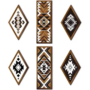 6-Piece Western Aztec Wooden Wall Decor Print - Southwestern Boho Farmhouse Geometric Tribal Diamond, Rectangle Hanging Art, Artistic Home Decor for Bedroom, Living Room with Post Ideas