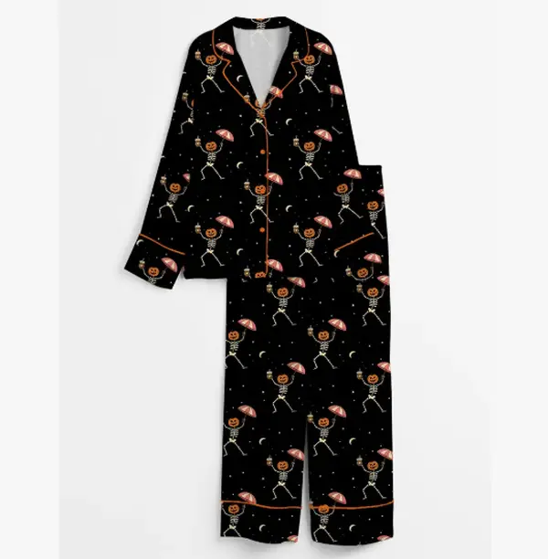 Dancing Skeleton Halloween Satin Pajama Set – Short and Long Sleeve Spooky Lounge Gift for Men Women & All Ages
