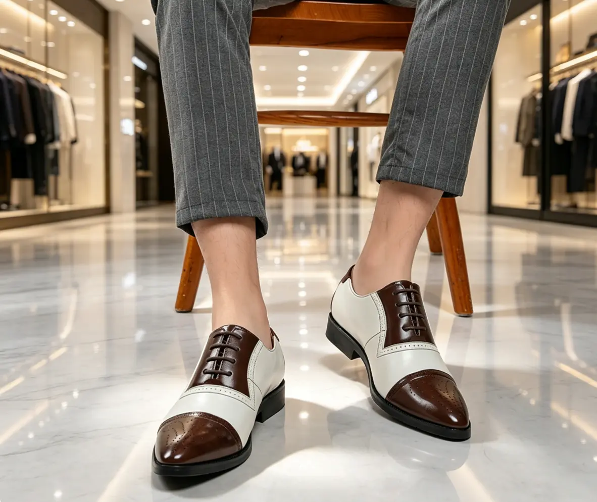 Men’s color-block embossed Oxford leather shoes — fashionable handmade stitching, genuine leather dress shoes, round toe lace-up low-cut business Derby shoes