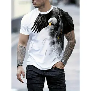 Men's Summer Casual 3D Eagle Print T-Shirt - Lightweight Polyester, Crew Neck, Short Sleeve, Machine Washable, Outdoor Graphic Tee with Dynamic Color Design