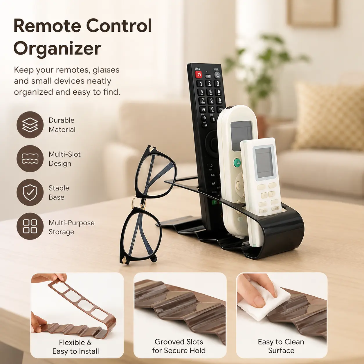 1 Count, Plastic Remote Control Holder, 4 Slot Desktop Stand for Organizing TV, AC Remotes, Eyeglasses and Small Home Supplies