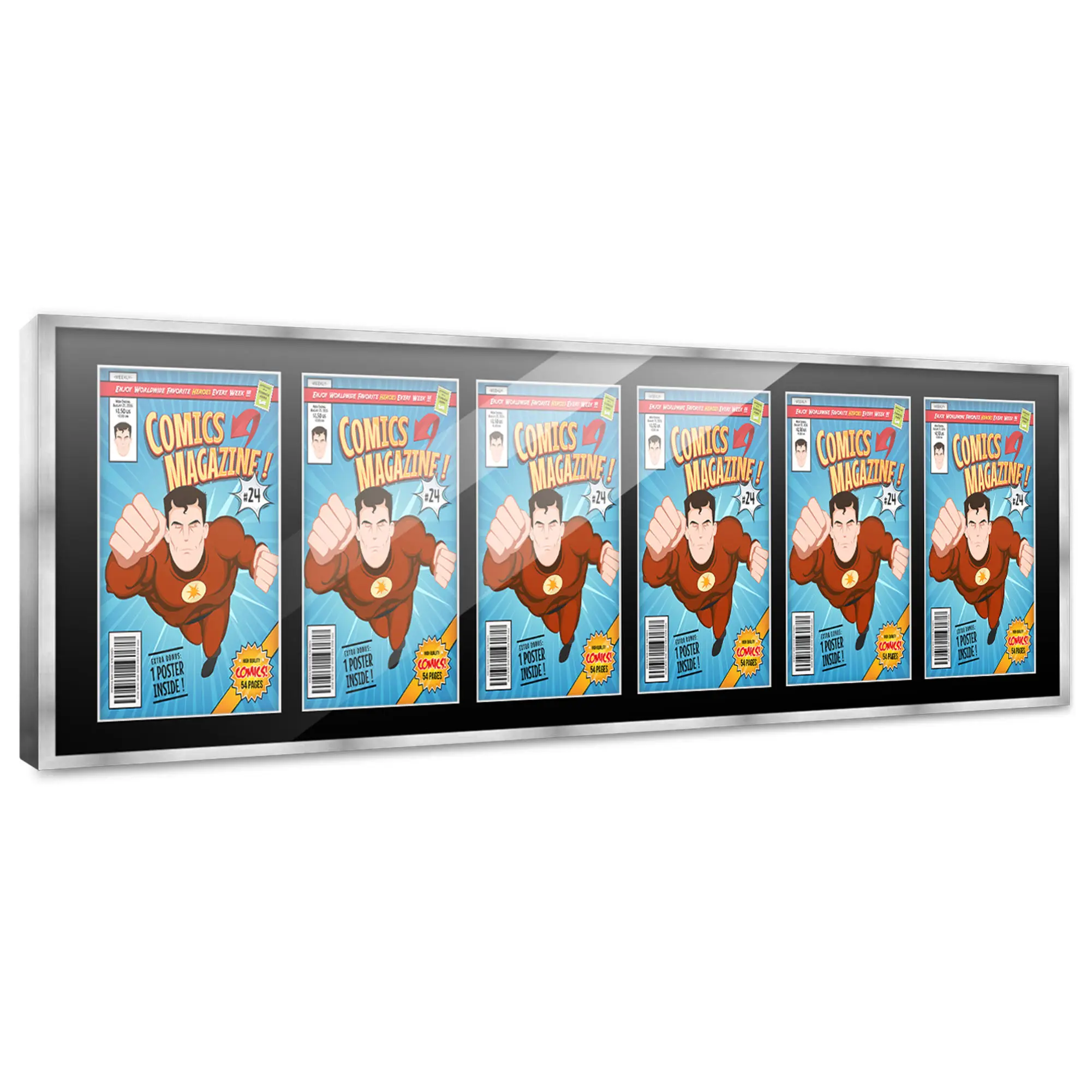 Comic Book Frame with Mat for 6 Silver Age Comics Published Between 1956 and 1970 - Silver Wood Comic Frame With Black Mat for 7.125x10.5 Comics - 51x14 Frame Size
