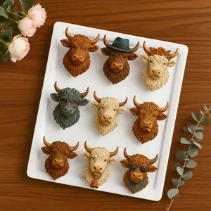 9 Cavity Highland Bull Head Silicone Mold, DIY Chocolate Molds, Silicone Resin Mold Set, Cake Decorating Supplies - Including Glasses, Hat And Flower Designs, Suitable for DIY Chocolate, Fondant, Cake Decoration, Resin Crafts, Soap, Clay, Plaster