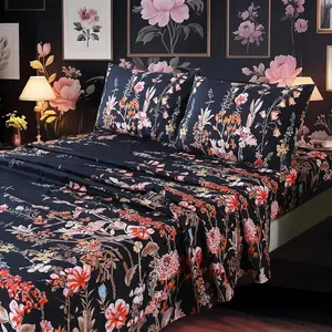 MAG 4Pcs Floral Full Size Sheet Sets,Pink Vintage Bedding Sheet Set,Boho Flower Pattern Bed Sheets Included 1 Fitted Sheet 14'' Deep + 1 Flat Sheet + 2 Pillowcases,Breathable and Wrinkle.