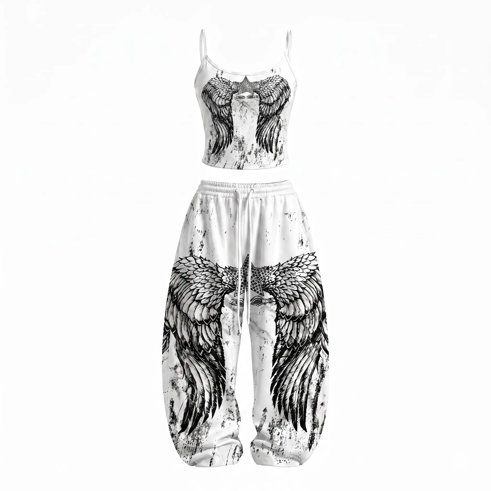 Ultimate Y2K Fit! Black & Pink Gothic Butterfly Cami Top & Wide Leg Drawstring Sweatpants 2-Piece Outfit