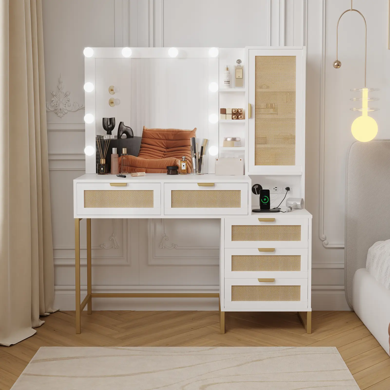 Rattan Door Cabinet Vanity Desk with Lighted Mirror 3 Modes Side Storage Drawers Built in Power Outlet and Rattan Accent Stool for Bedroom, Light Modes, Vanity Organization, Makeup Organization