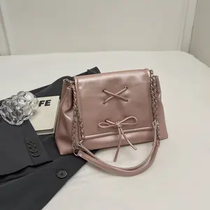 Women’s Fashion Bow Design Shoulder Bag, Causal Versatile All-Match Leather Bag With Mental Chain, Daily Wear Commuter Bag