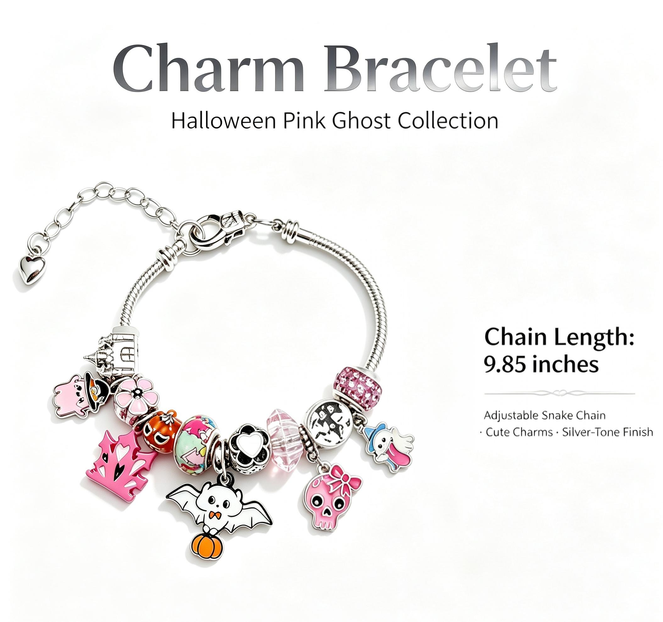 Halloween Pink Ghost Charm Bracelet, Silver-Tone Adjustable Snake Chain Bracelet with Pumpkin Bat Skull Dangle Charms, Cute Halloween Jewelry Gift for Women Girls